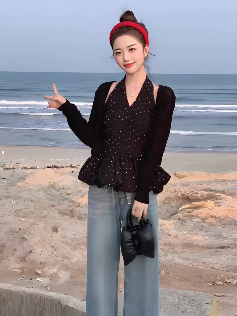 设计感裙摆花苞挂脖背心女夏季2025新款纯欲辣妹收腰显瘦波点上衣