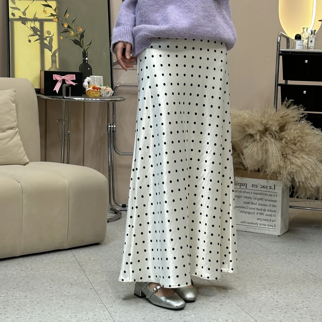 复古气质波点A字半身裙中长款圆点缎面长裙显瘦鱼尾裙显瘦半裙