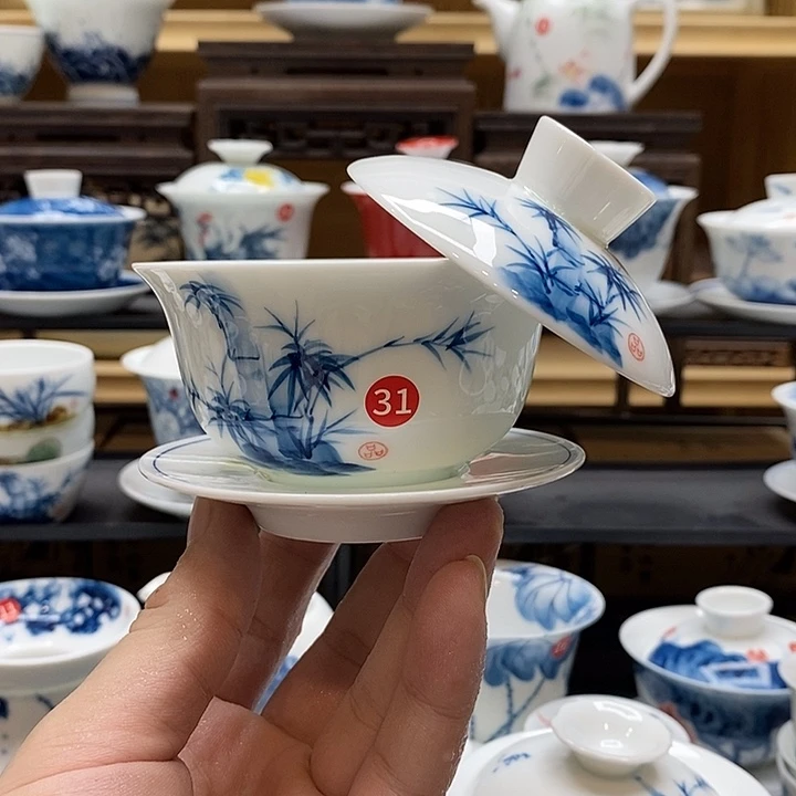 手绘微瑕竹子盖碗