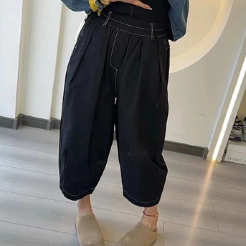 黑色高腰宽松阔腿裤女休闲萝卜裤明线奶奶裤九分哈伦裤子5013