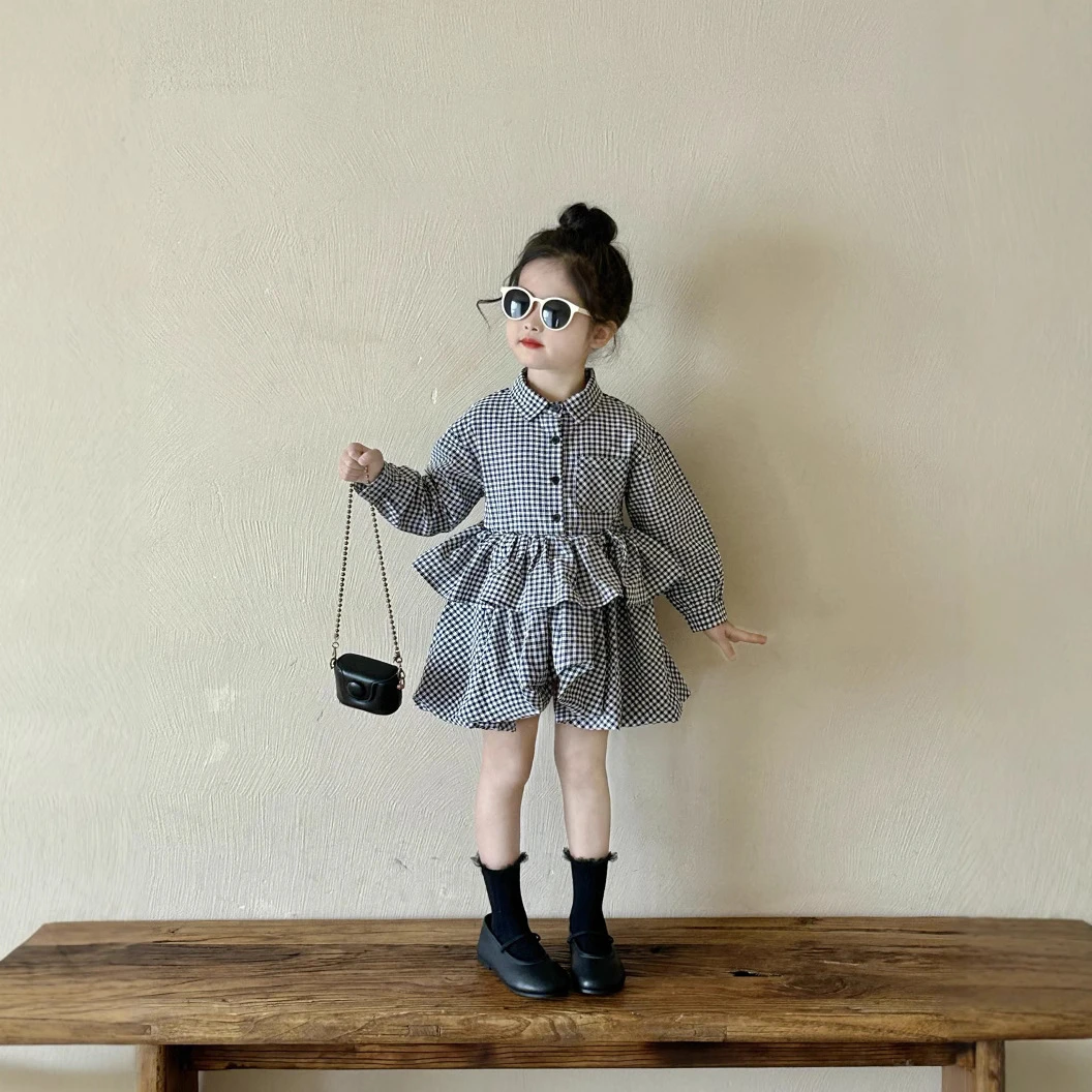 春季新款儿童韩版连衣裙女童格子衬衫领洋气休闲女宝黑白格蓬蓬裙