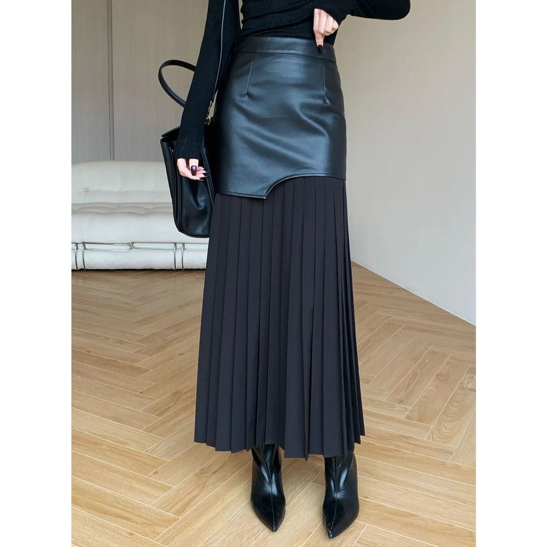 JIJINQI时尚气质黑色百搭显瘦设计感褶皱不规则半身裙JC07BZXL148