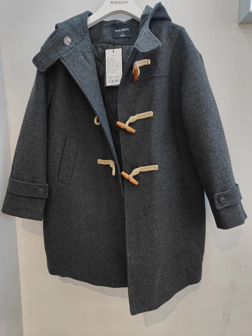 麦寻专柜毛呢大衣外套时尚中长款灰色百搭休闲加厚冬季聚酯纤维