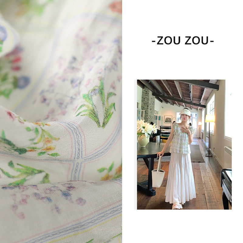 【晨起听鸟鸣】邹邹小个子法式印花苎麻小衫女夏清新设计感方领上衣