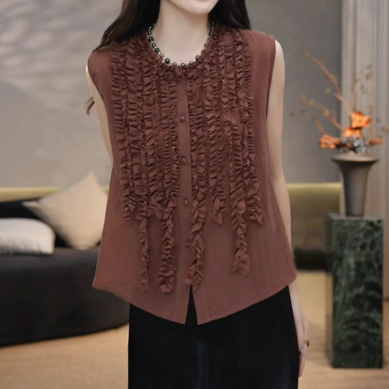 气质减龄拼接木耳边圆领衬衫夏季新款时尚高级洋气单排扣无袖上衣