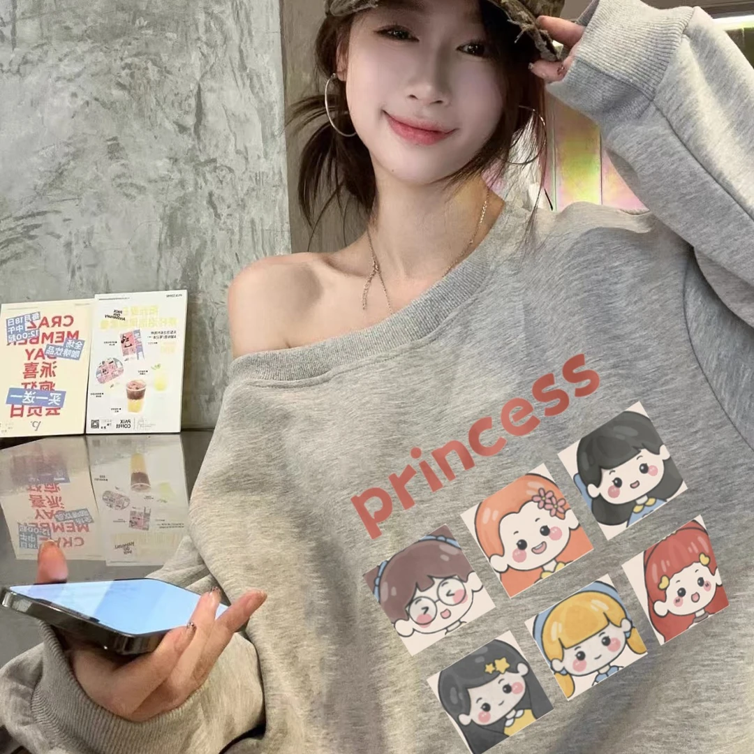 美式斜肩卫衣女秋冬款2025新款感慵懒风露肩一字肩上衣女