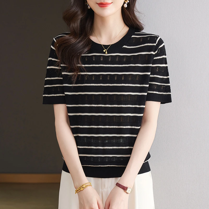 【天丝】夏季新款女士圆领短袖T恤洋气宽松显瘦镂空薄款条纹气质