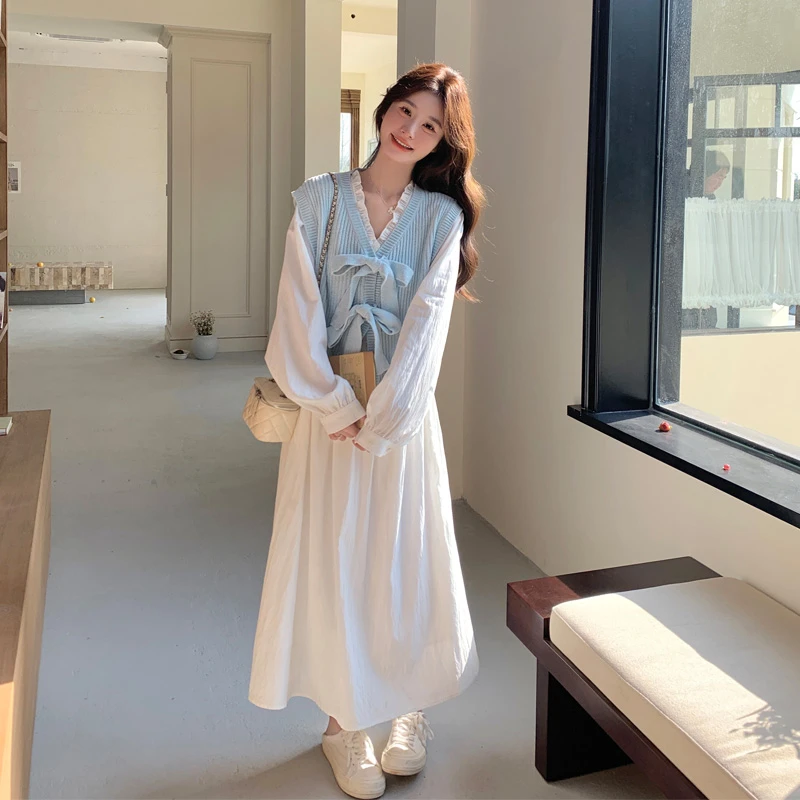 可盐可甜套装裙女2025早春新款小清新针织蝴蝶结马甲连衣裙两件套