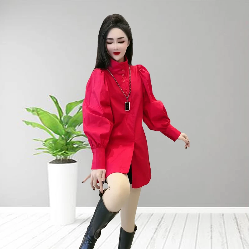 时尚洋气立领宽松衬衫67033气质显瘦休闲百搭长袖红色中长款上衣-
