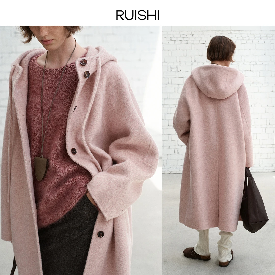 RUISHI芮时尼斯大衣驼绒混纺连帽双面呢大衣外套女冬R25D110801