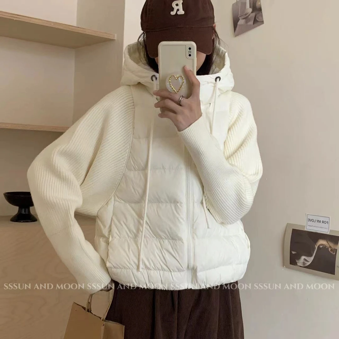 毛线拼接针织袖女新款冬季显瘦连帽针织外套潮