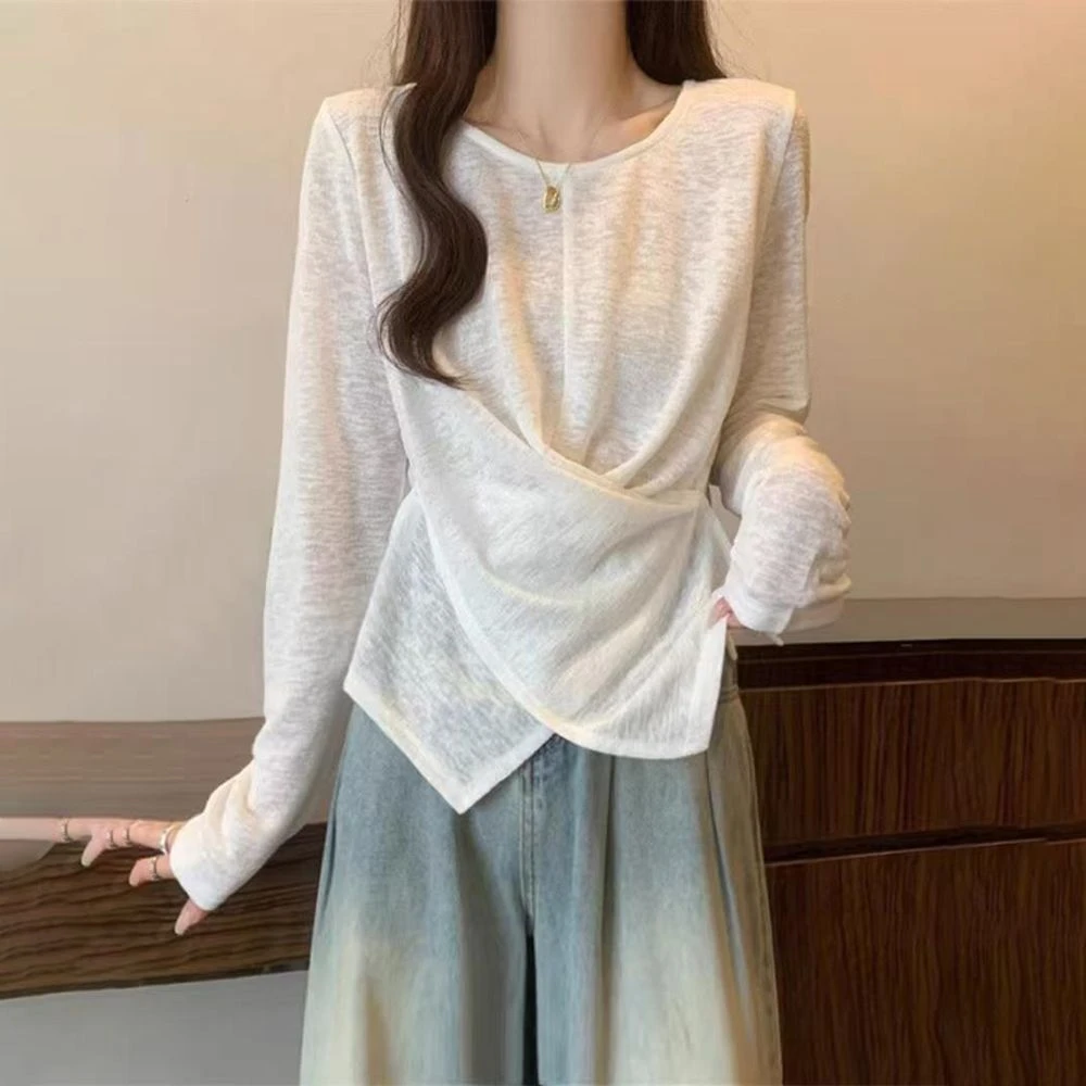 薄款竹节棉正肩长袖T恤女2025春秋新款大码胖mm小衫不规则上衣527