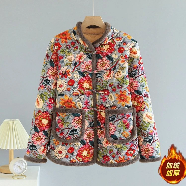 冬季新款加绒加厚棉衣花色洋气时尚中老年妈妈棉袄气质印花