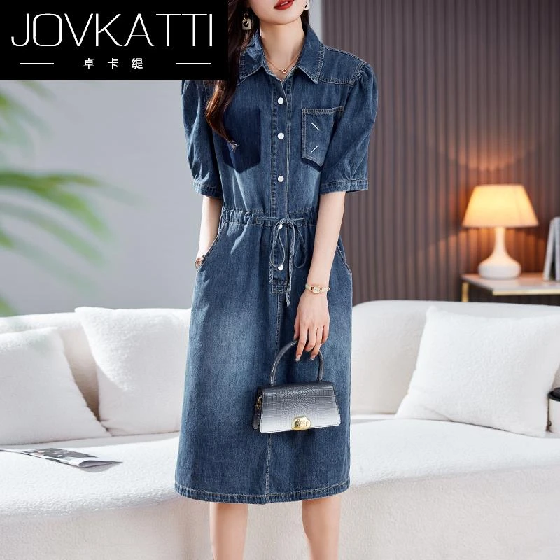 Jovkatti牛仔连衣裙女夏2025新款小个子气质收腰显瘦复古减龄短袖