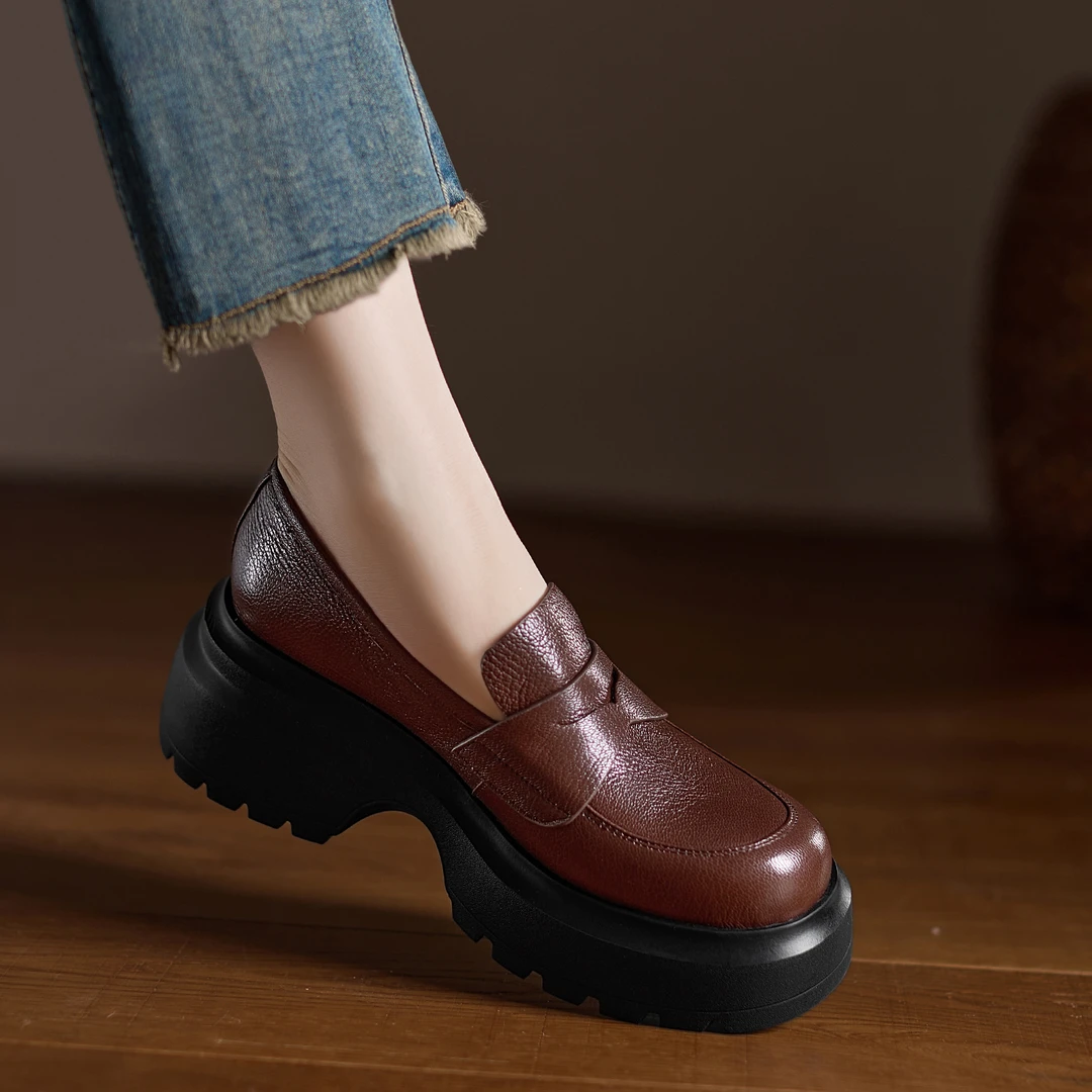 小个子手工女鞋7cm~黑色春季新款圆头粗跟高跟鞋女复古港风乐福鞋