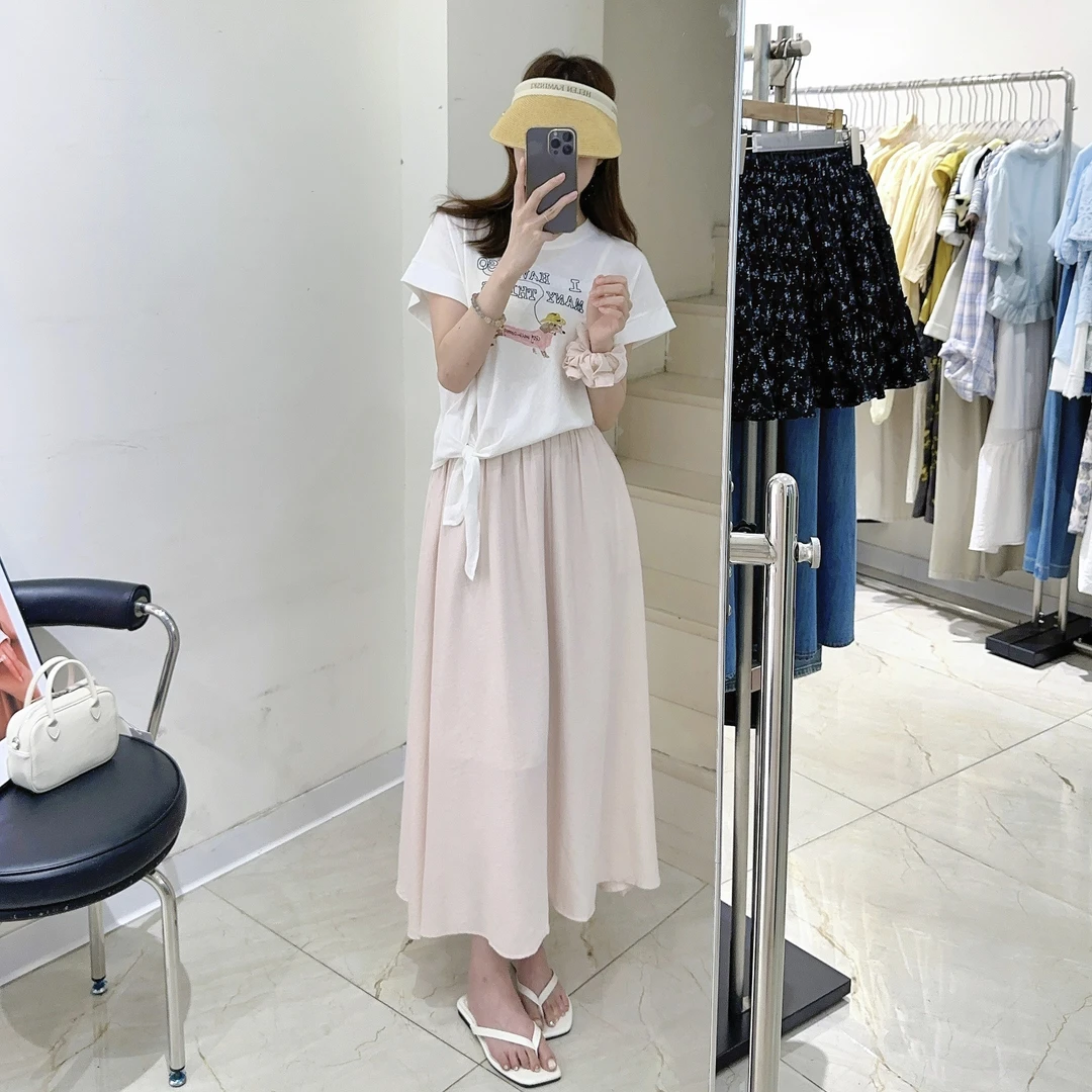 2025夏新款穿搭韩系白色卡通系带T恤+甜美长裙