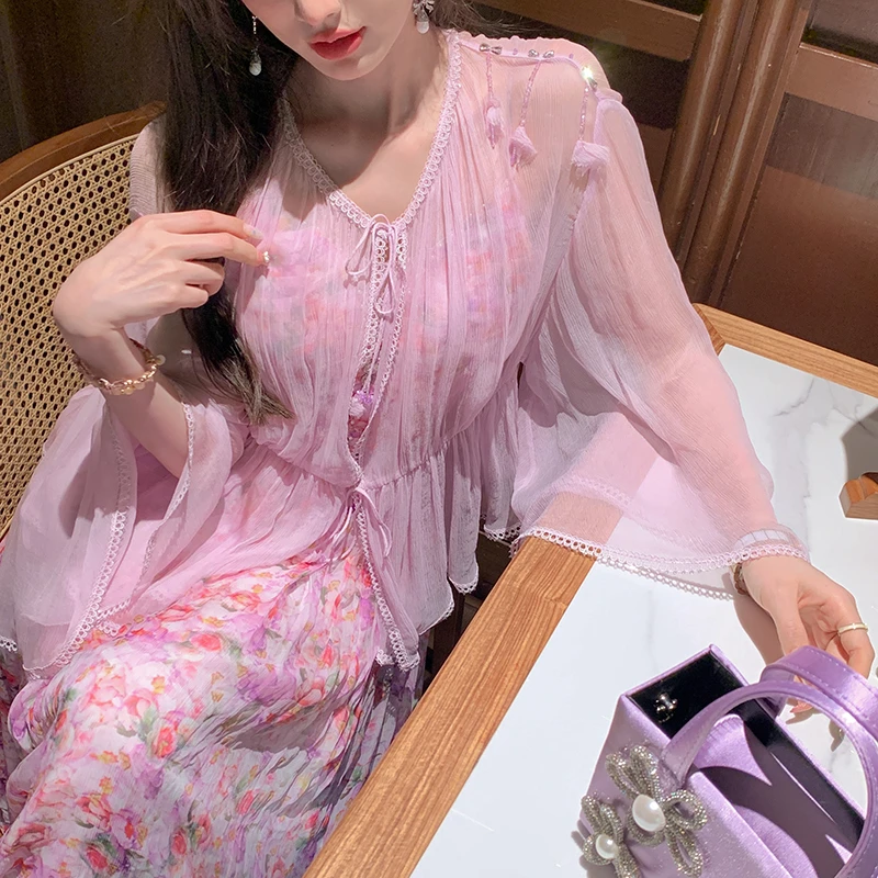 BeQueenStory【紫雾美人】设计感轻奢时尚100桑蚕丝衬衫开衫女新款