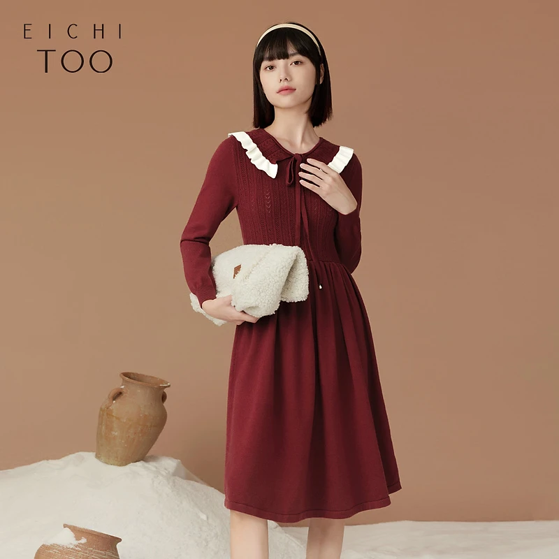 爱居兔女装撞色翻领暗红色长袖针织衫连衣裙EQLSJ4N001A