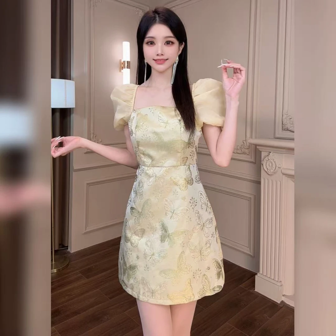 柔娜定制  显瘦气质初恋法式收腰甜美温柔设计感连衣裙40449