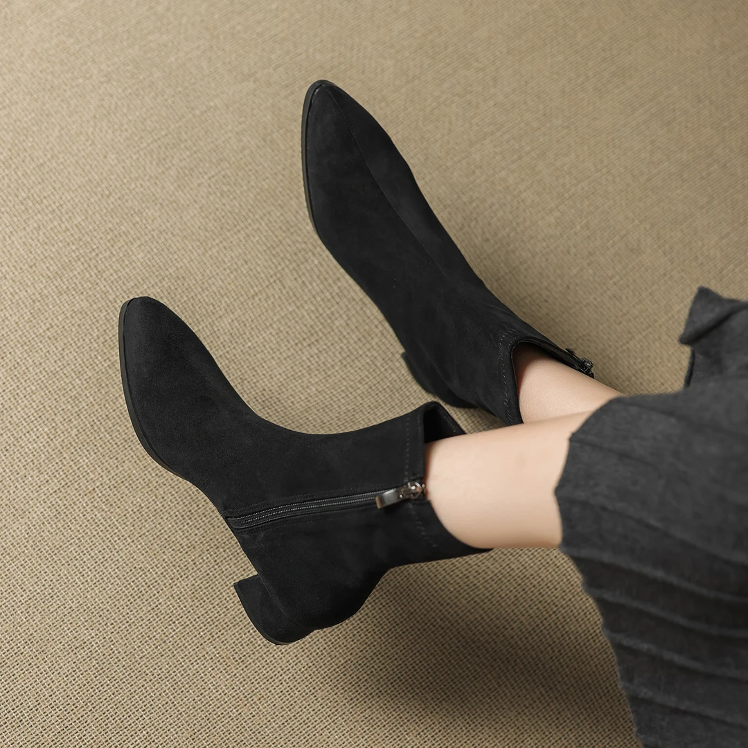 磨砂尖头中跟短靴女2025新款秋冬加绒粗跟马丁靴弹力瘦瘦袜靴单靴