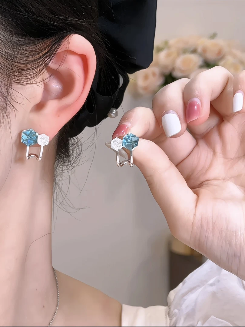 H341 假两件耳钉气质蓝色轻奢