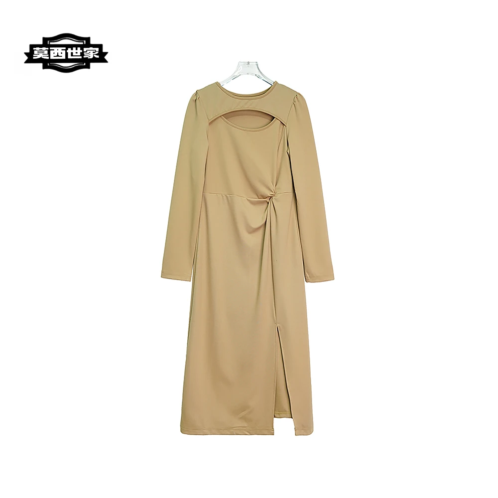 X2319-1【苏琳琳】设计感镂空扭结开叉长裙收腰显瘦咖色连衣裙