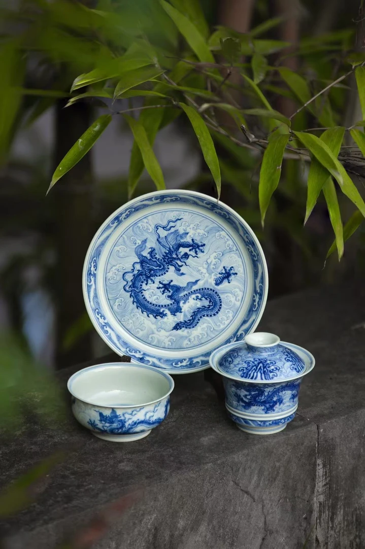 望月怀古青花淡海水龙纹壶承景德镇茶器纯手工手绘