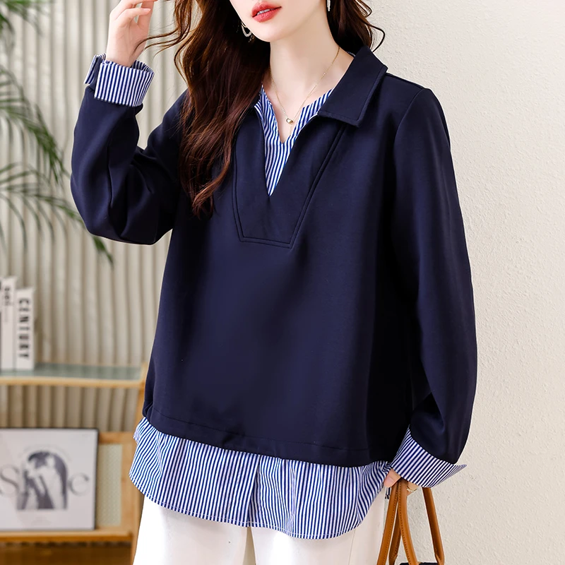 【女神新衣】时尚条纹假两件卫衣女秋季新款宽松上衣2025大码女装