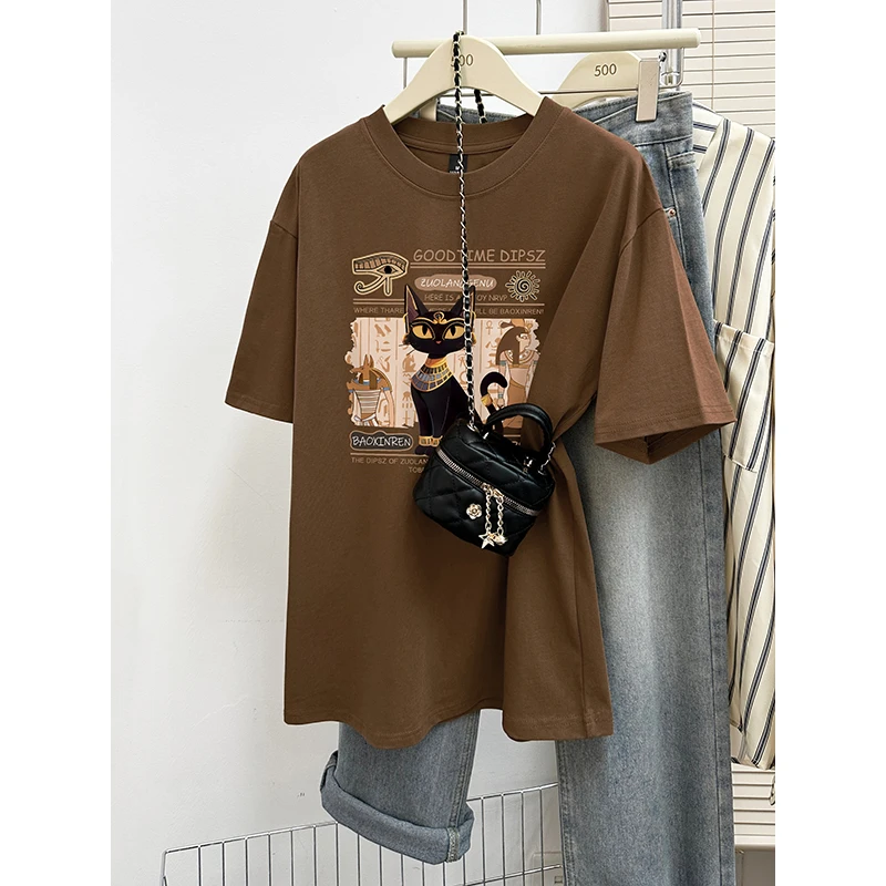 潮牌复古设计感印花纯棉圆领打底短袖t恤女宽松大码休闲百搭上衣