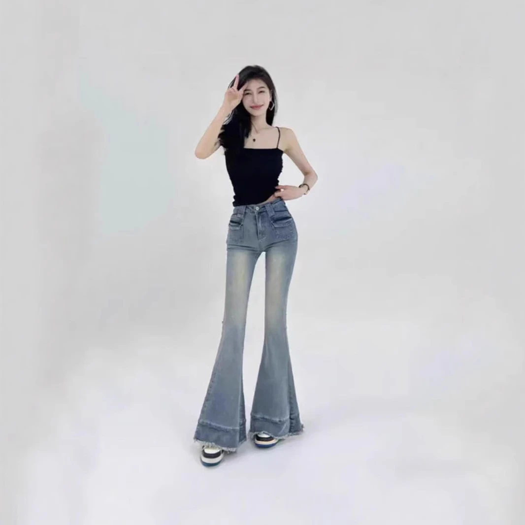 时尚新款高腰设计感微喇牛仔裤修身收腰显瘦显高百搭马蹄弹力潮