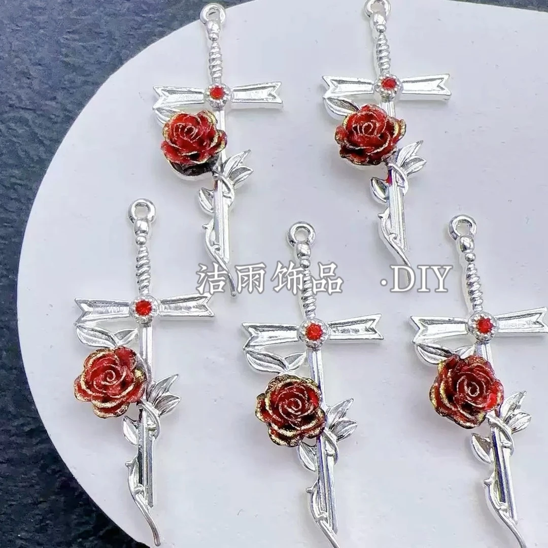 (洁雨饰品 DIY)  P663   “蔓藤玫瑰” 银红十字架保色挂坠diy