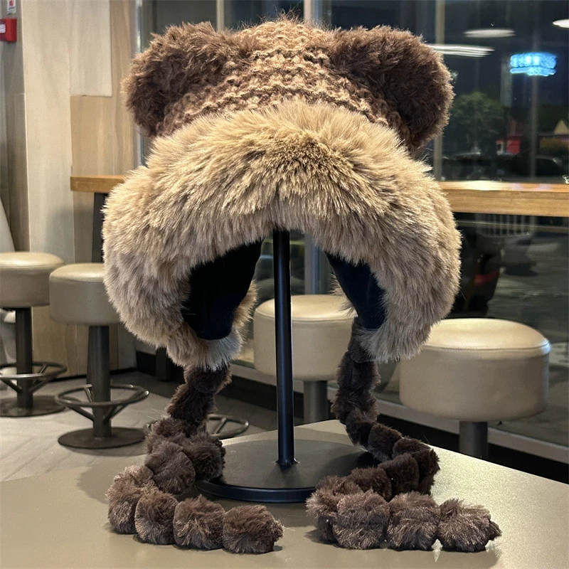 可爱小熊毛绒帽子女冬季加厚保暖显脸小护耳帽甜美百搭防寒雷锋帽