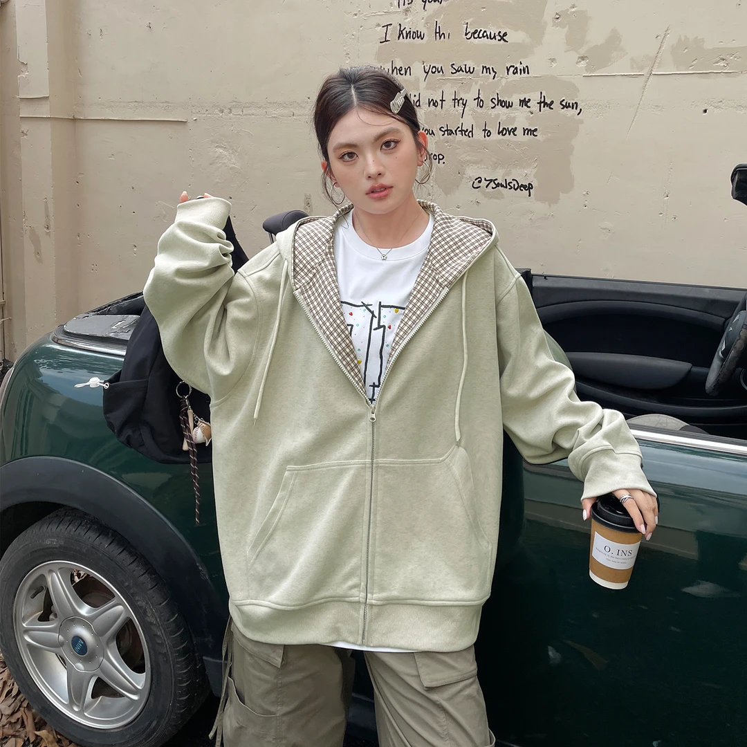 2025新款韩系chic别致格子拼接卫衣外套大码女装胖mm巨遮肚上衣秋