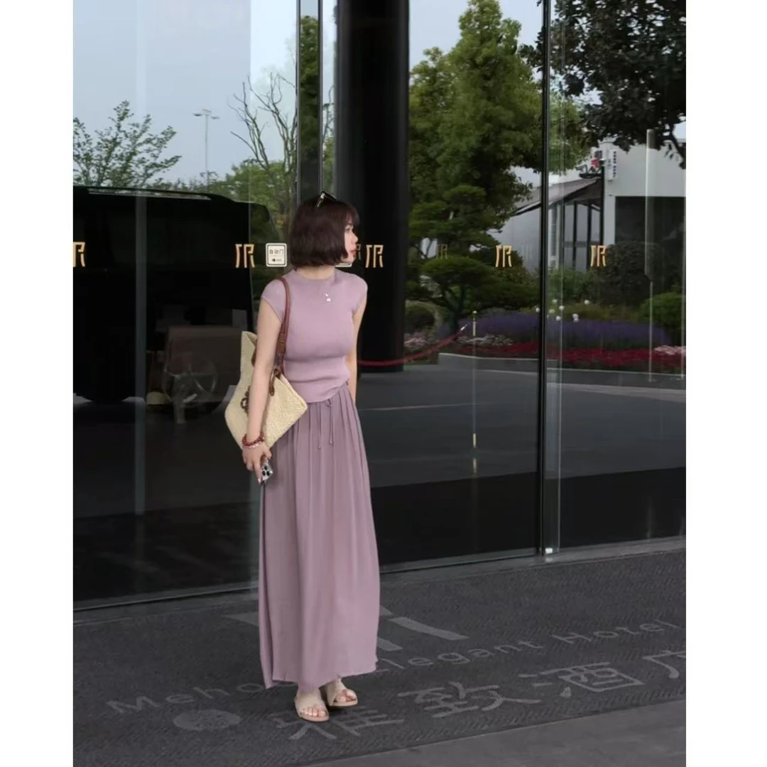 【极简风格】夏季立领飞机袖螺纹针织衫+半松紧腰A字裙两件套装