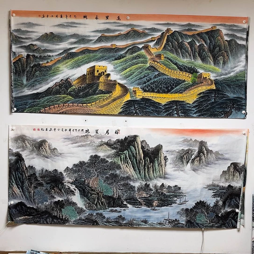 迷***彩国画2.4米长的两幅画心