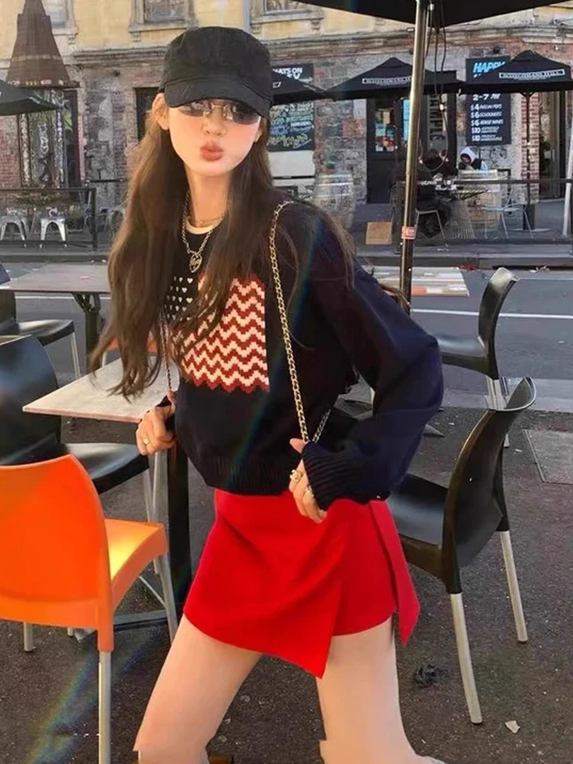 美式国旗松弛感提花套头圆领毛衣女秋冬慵懒风软糯宽松短款针织衫