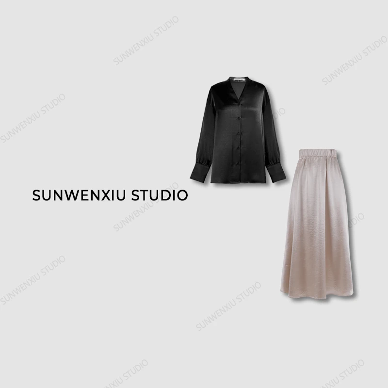 swx studio2店 ”漂亮姐姐”极简轻奢气质缎面光泽感衬衣半裙套装