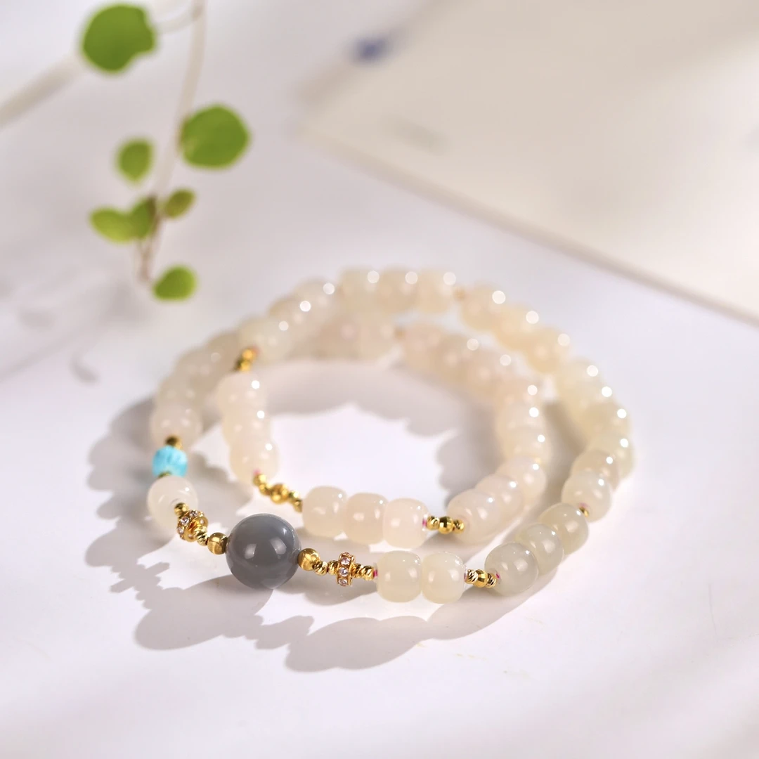 【浅梦】和田玉藕粉双圈手串·18K金·老型珠手串