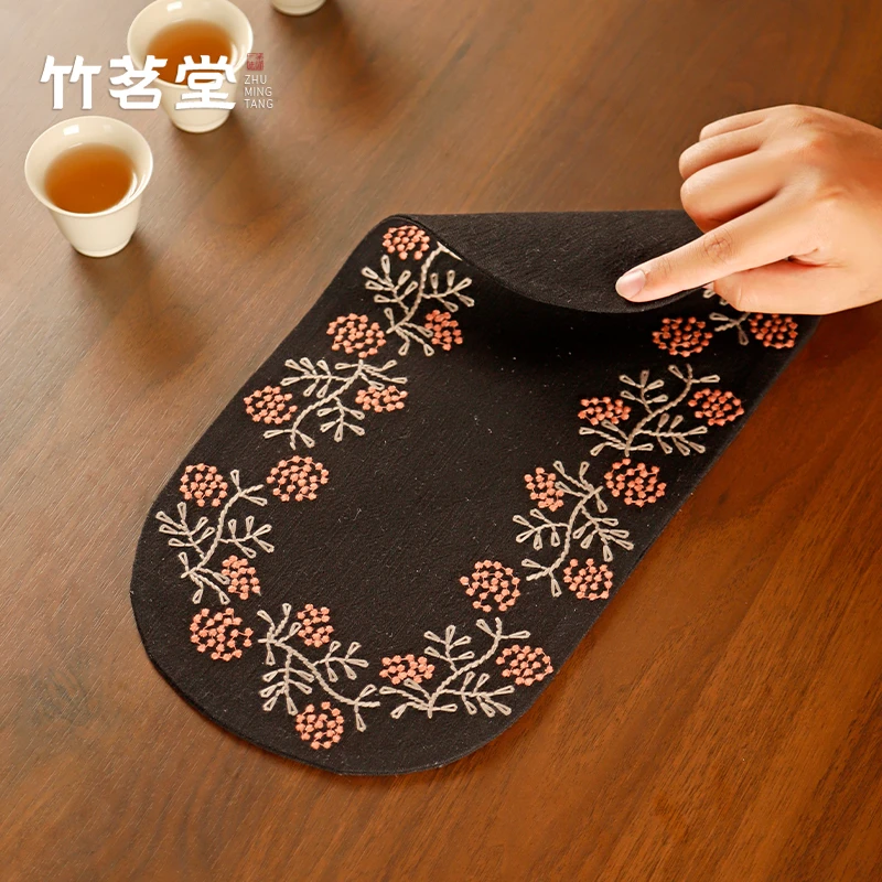 新中式棉麻刺绣茶席干泡席茶台桌布防烫隔热垫茶盘垫禅意茶道配件