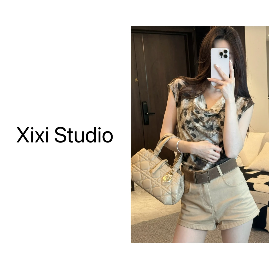 【西西】荡领褶皱印花设计感落肩袖上衣