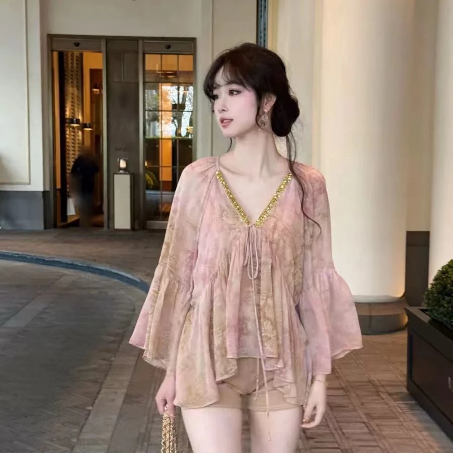 法式复古拼接亮片v领长袖衬衫女夏季温柔宽松衬衣设计感气质上衣