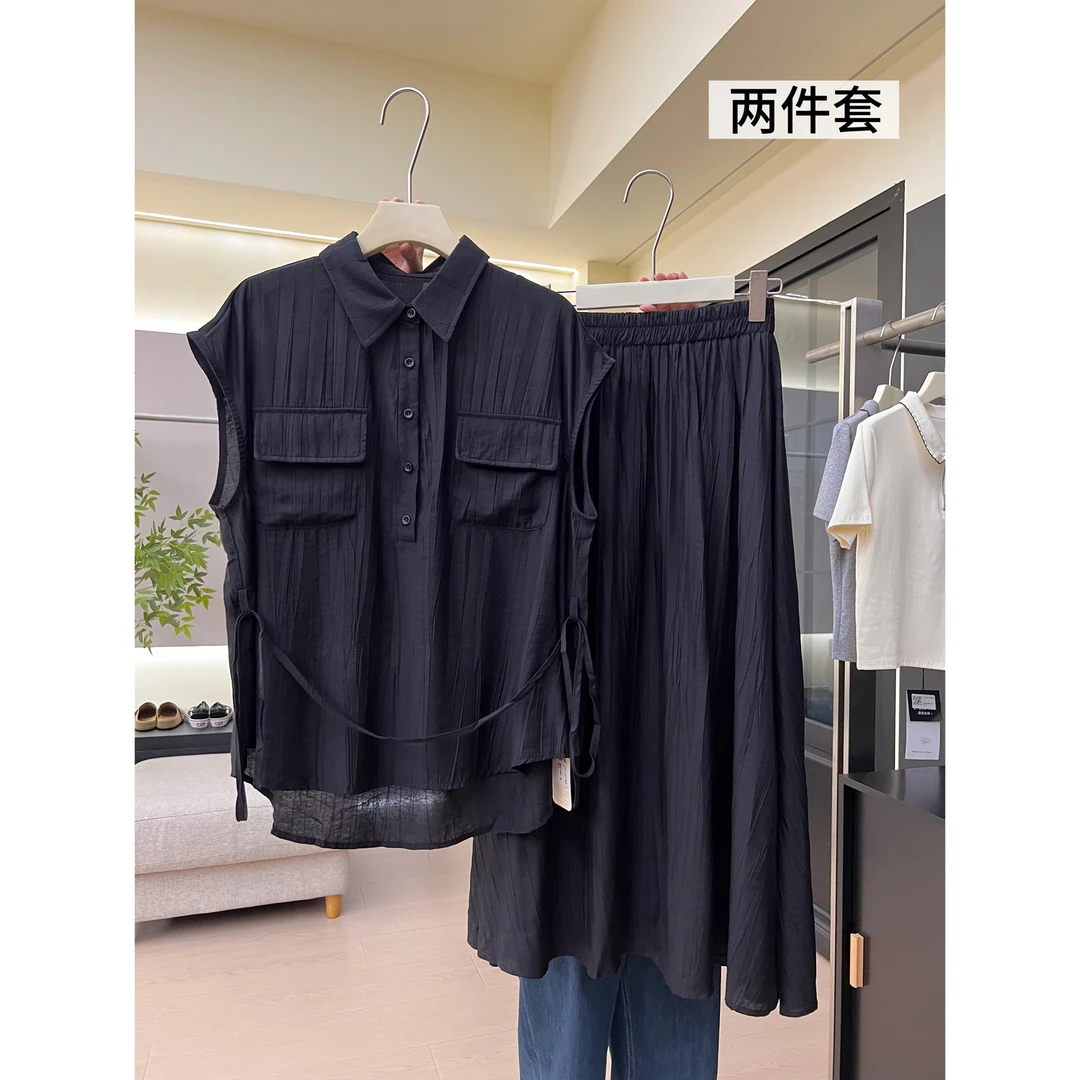 Q83时尚套装女夏季POLO领褶皱无袖收腰衬衫松紧百褶半身裙两件套