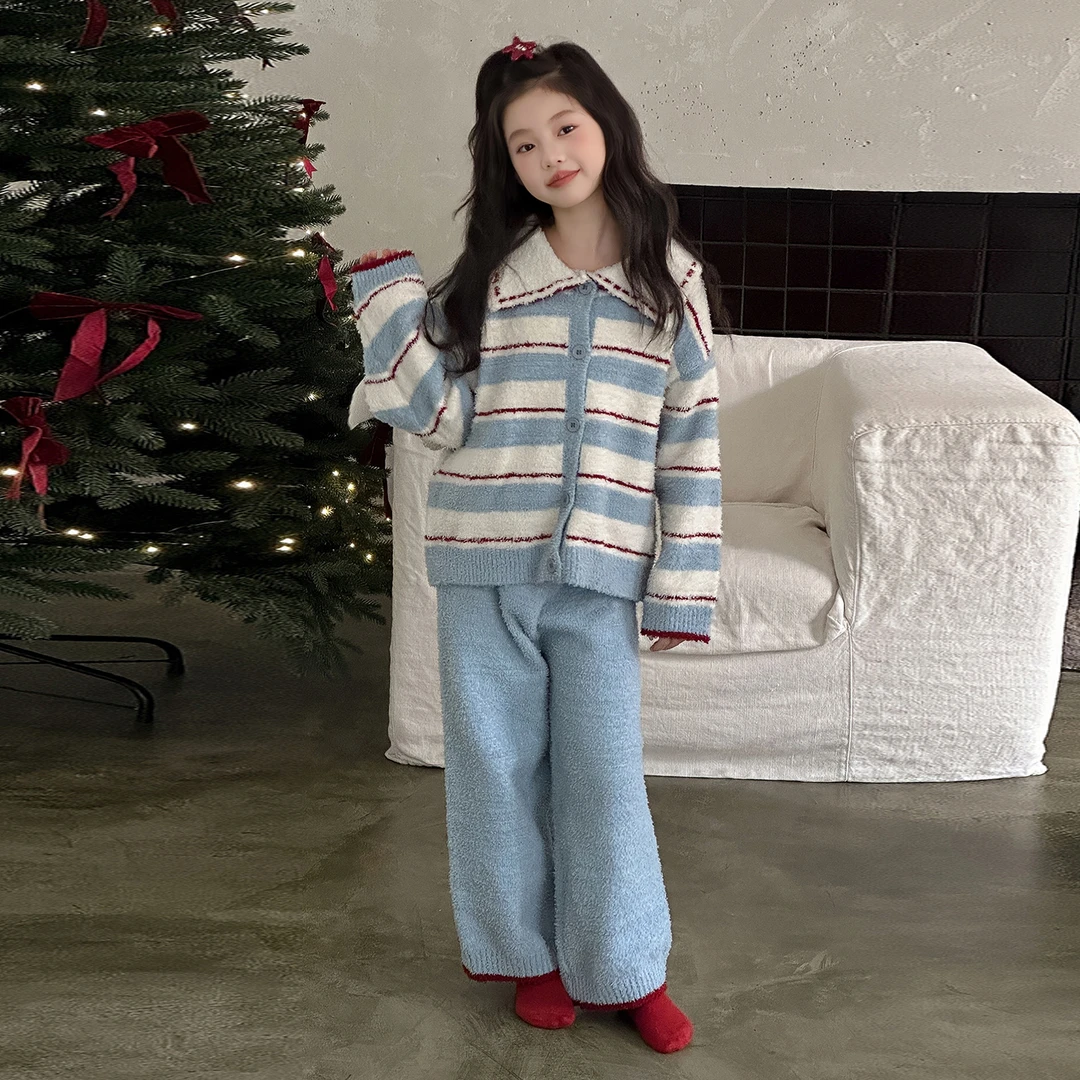 女童2026新款洋气冬装家居服冬季外穿加厚半边绒睡衣长袖开衫套装