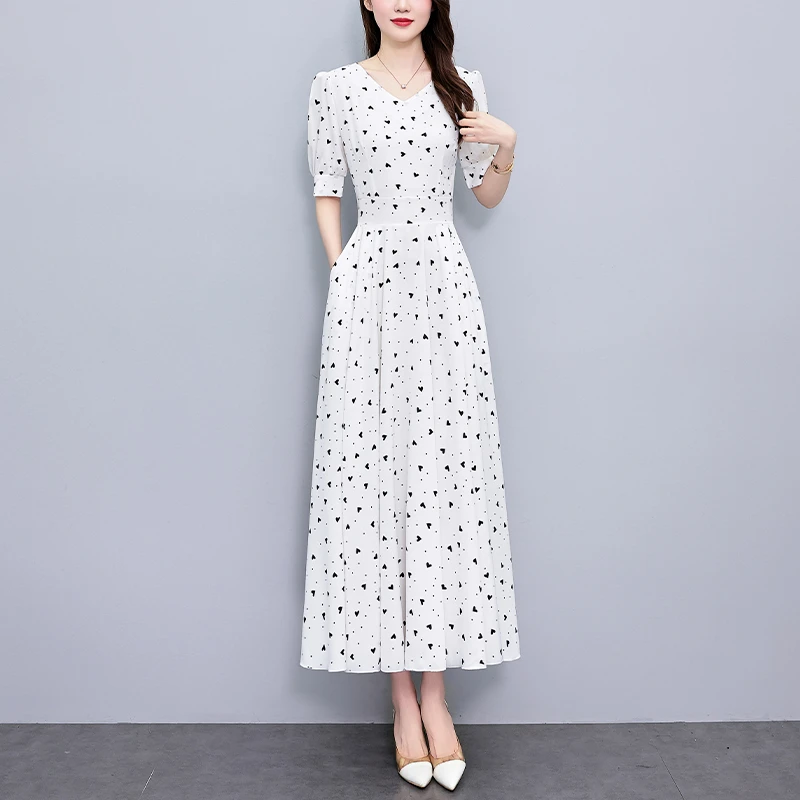 有口袋真丝白色连衣裙2025新款夏季长款收腰显瘦洋气质仙女长裙子