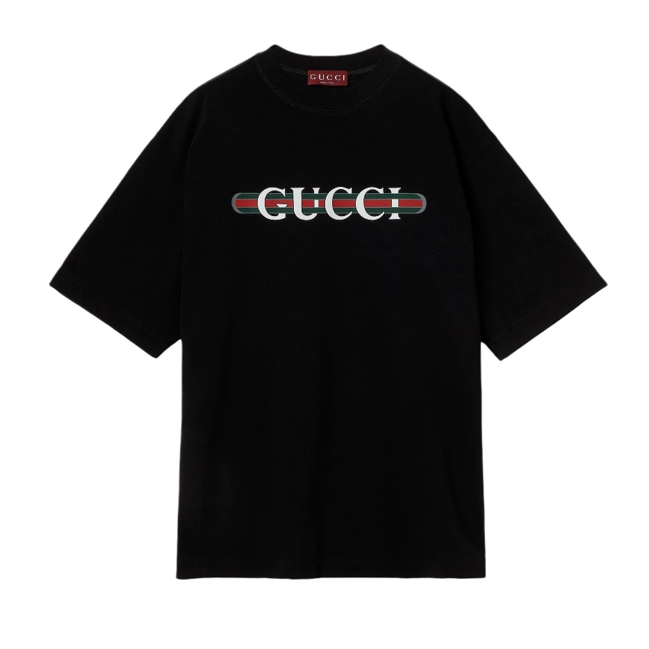 全新未使用 GUCCI/古驰 红绿腰带字母Logo宽松黑色短袖