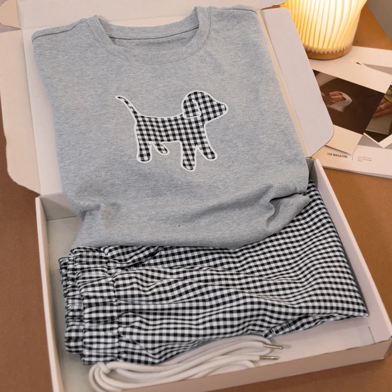 710  睡衣女夏季灰色小狗短袖家居服套装两件套