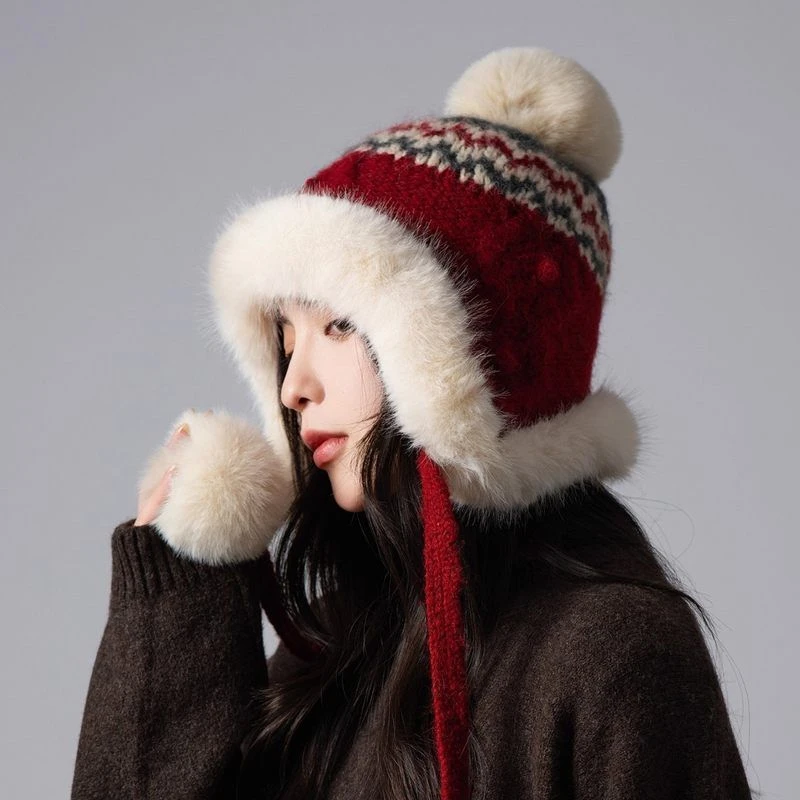 费尔岛复古提花针织帽子女秋冬加厚防寒护耳毛线帽保暖时尚雷锋帽