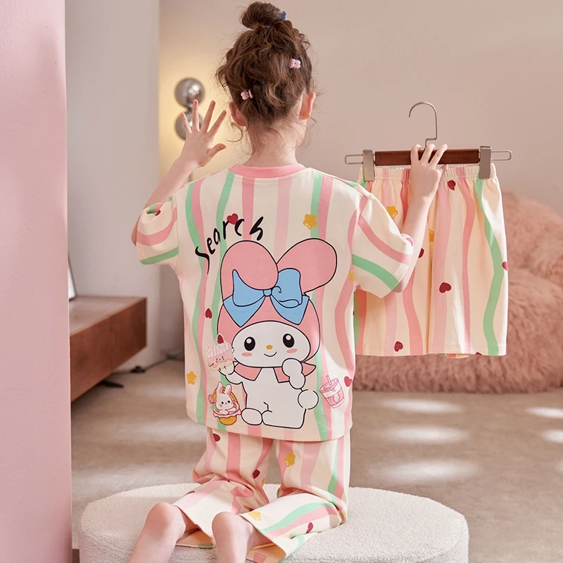 夏季女孩短袖睡衣纯棉薄款儿童卡通三件套中大童舒适家居服21186