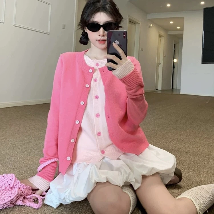 婷-D831 枚粉色韩系拼接假两件开衫毛衣女春秋冬宽松温柔针织衫