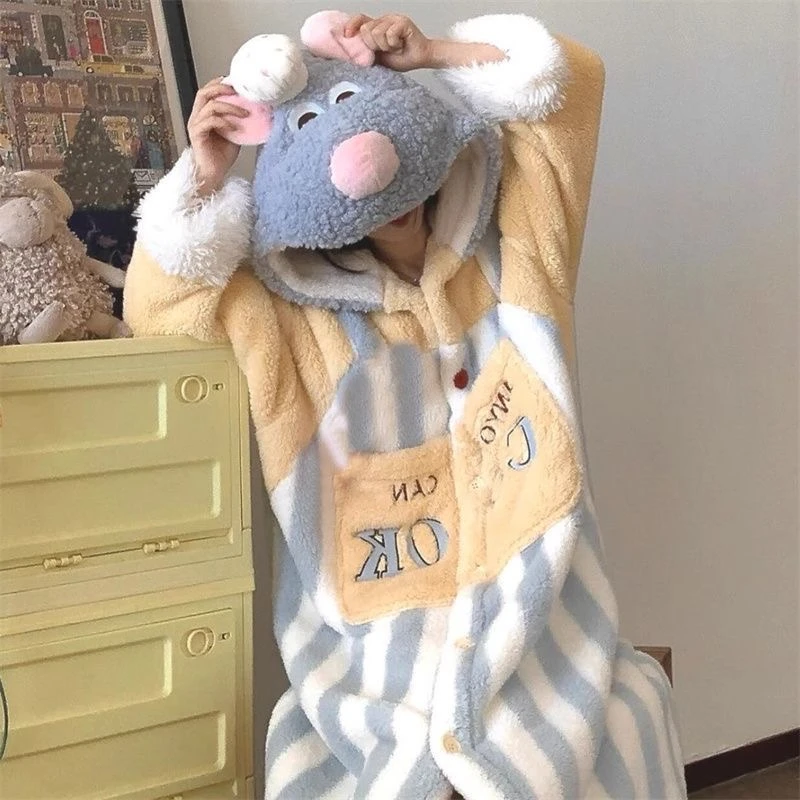 条纹料理鼠珊瑚绒睡衣女冬季新款加绒加厚保暖冬天连帽睡袍